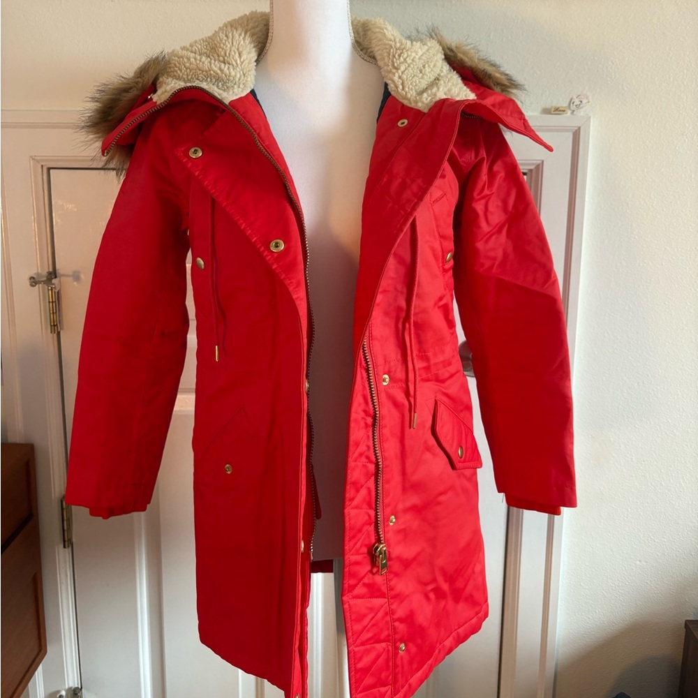J. Crew Vibrant Red Ski Jacket with Faux Fur Hood